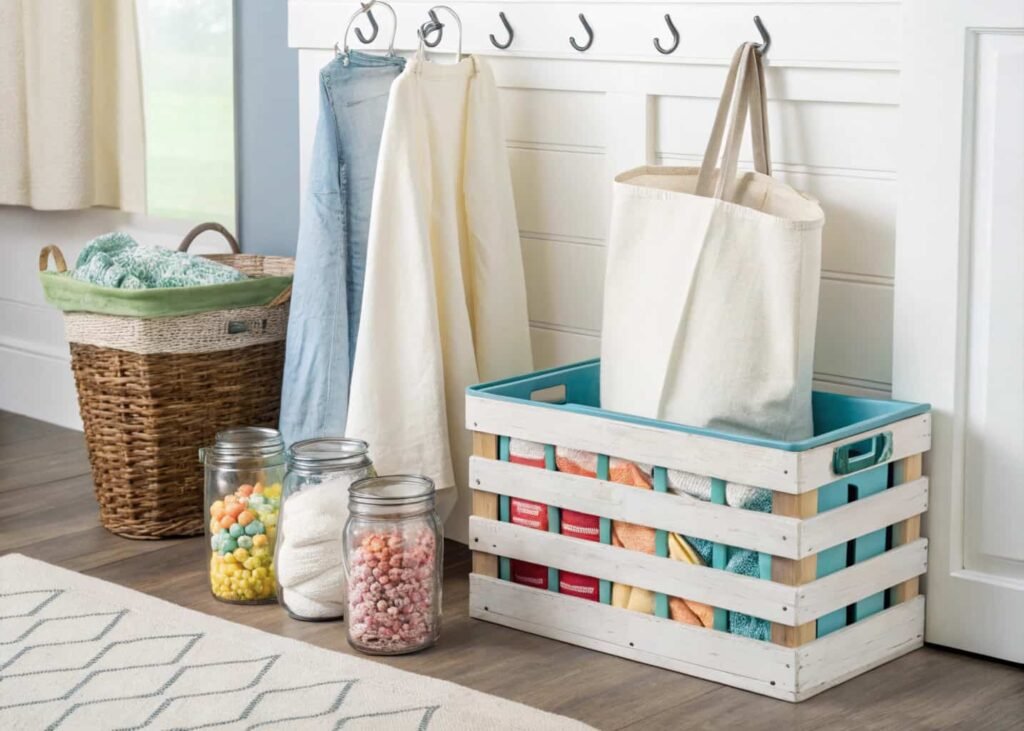 Budget-friendly laundry storage with mason jars, painted crate, and over-the-door rack