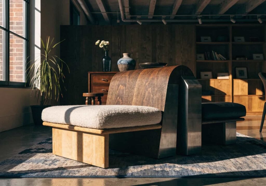 Mixed-material couch trend combining wood fabric and metal in 2026