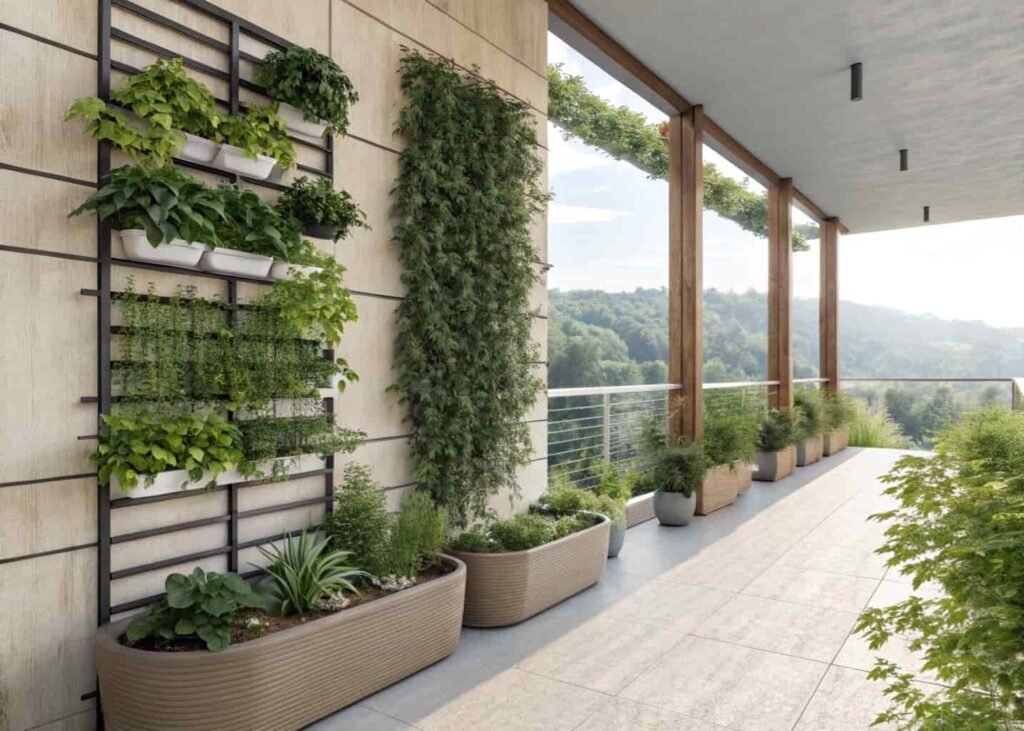 Vertical garden and container plants on a terrace wall