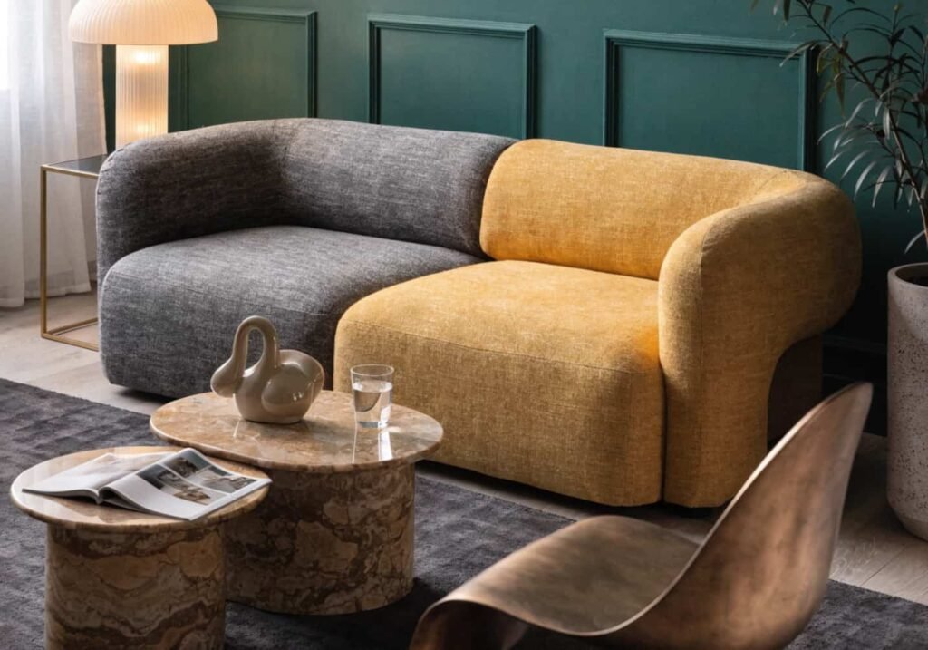 Two-tone sofa adding visual contrast to a contemporary living room