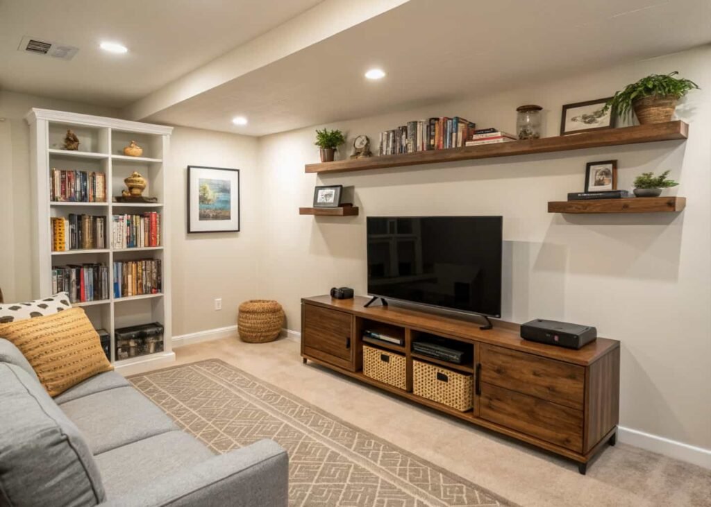 Small living room using vertical wall storage instead of floor furniture.