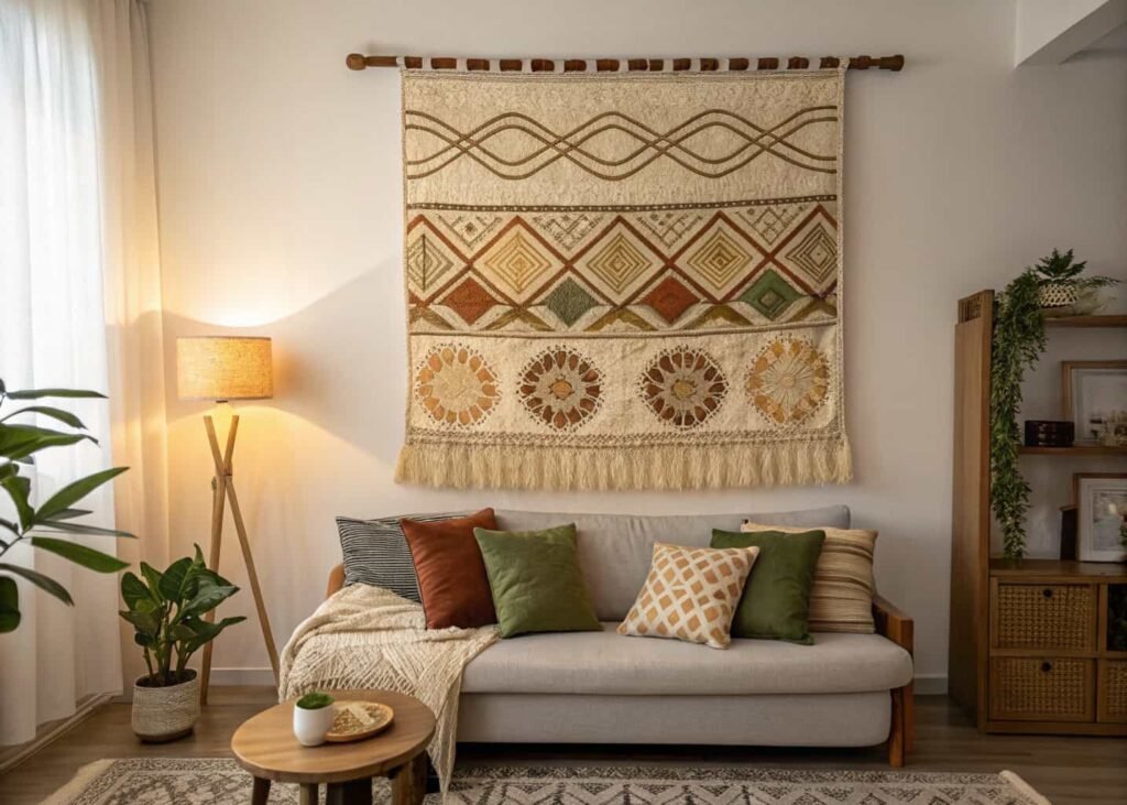 woven textile tapestry in earthy tones hung on a living room wall above a low bed or sofa