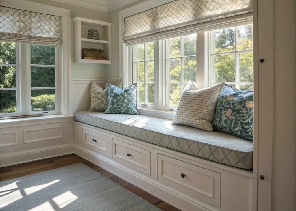 Sunlit window seat with built-in storage bench and light-filtering roman shades.