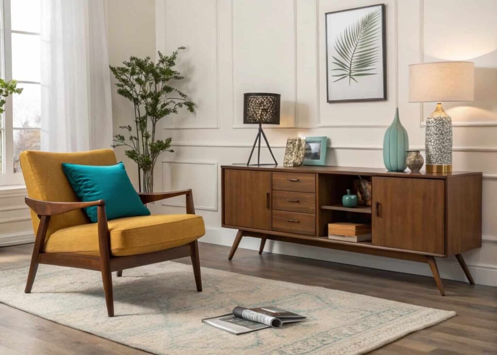 Mid-century modern living room with a walnut sofa frame, tapered legs, and a mustard accent chair.