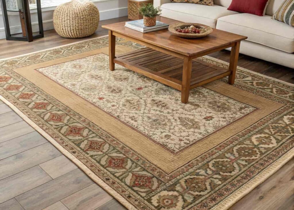 Layered jute and vintage-pattern rugs on a living room floor under a coffee table.