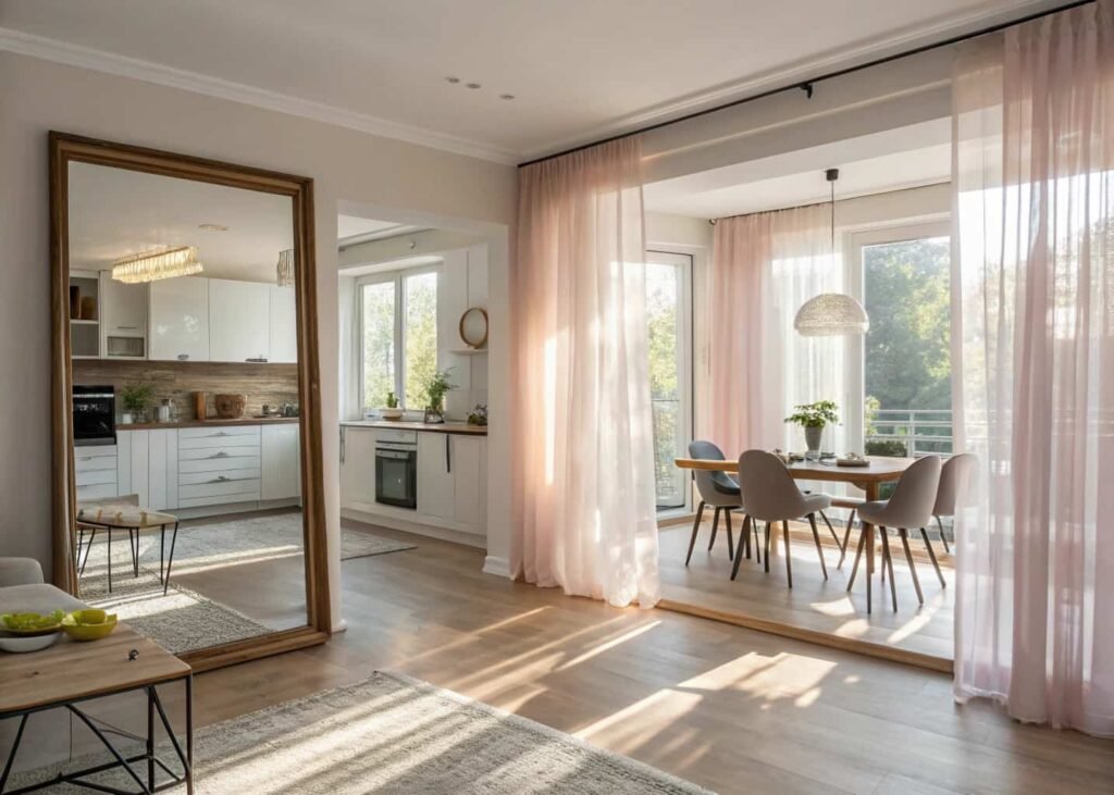 Natural light enhanced with sheer curtains and a mirror in an open floor plan