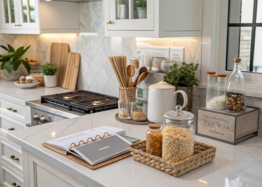 Functional kitchen countertop balancing clear workspace and styled decor