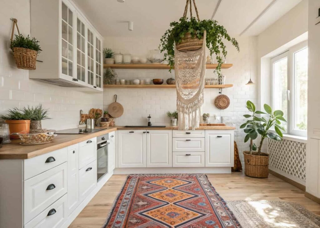 Bohemian kitchen with patterned runner rug, macrame hanger, and open ceramic shelving