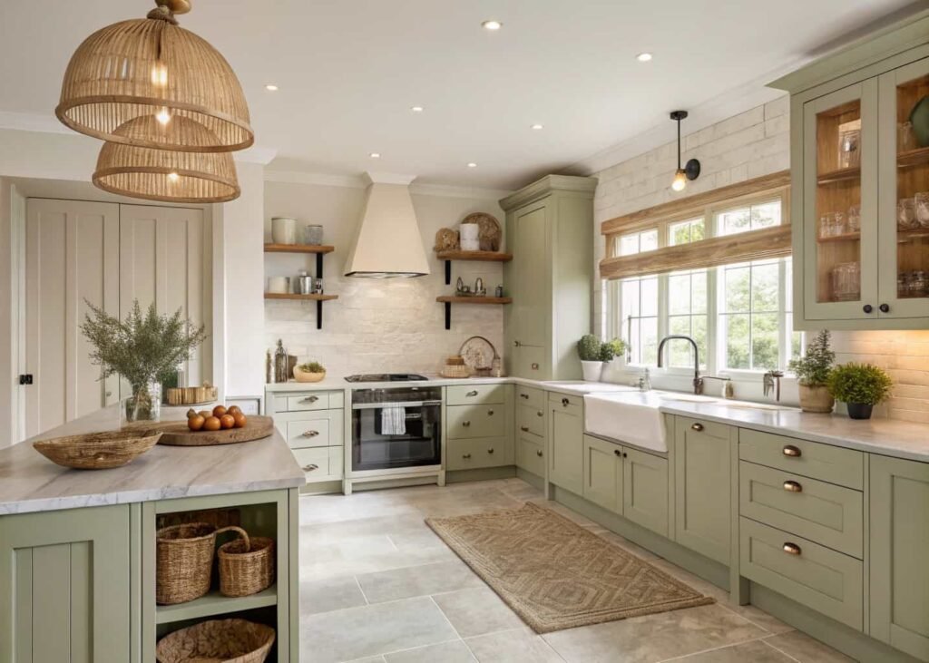 Finished aesthetic kitchen with cohesive color palette and styled shelving