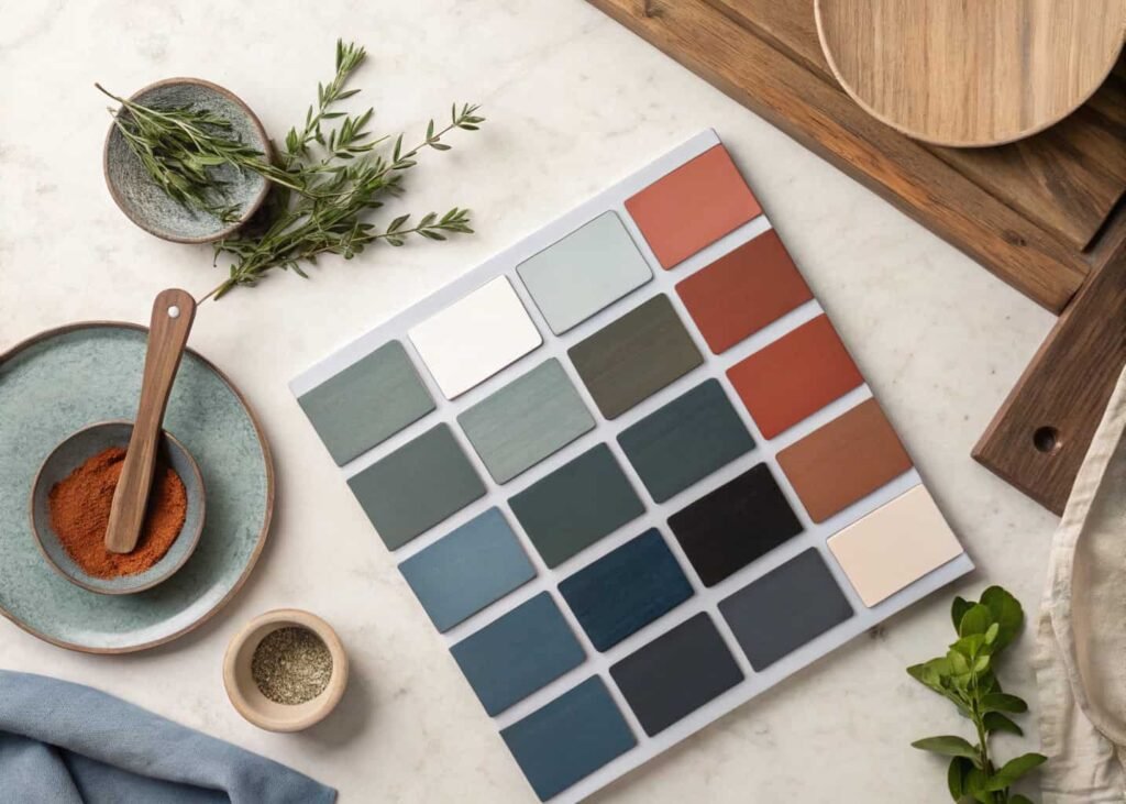 Paint color swatches grouped by kitchen aesthetic including sage, charcoal, navy, and terracotta tones