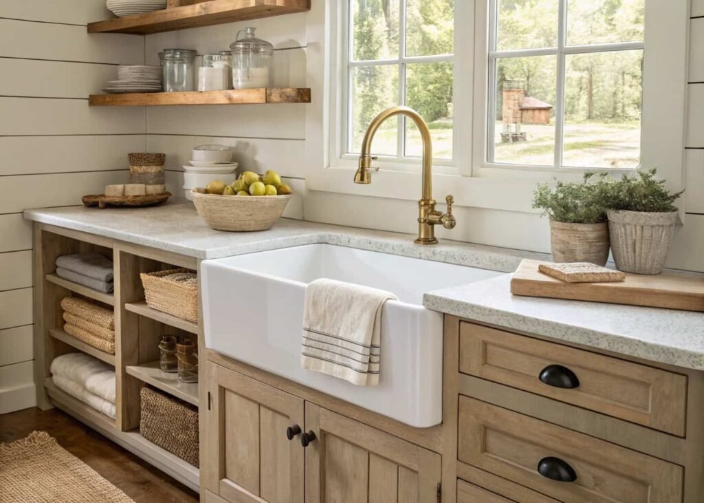 Farmhouse sink with brass faucet and linen towel styling