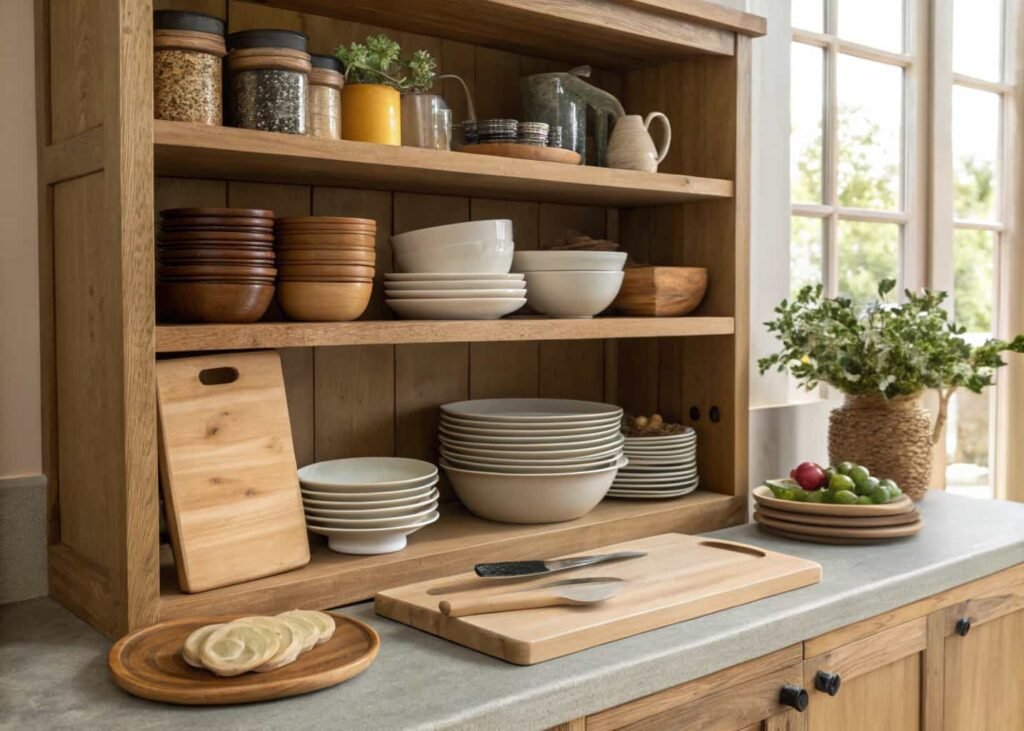 Open kitchen shelving with functional ceramic dishware, a 2026 multi-functional decor trend