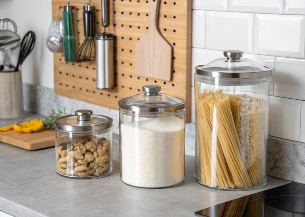 Glass storage canisters and wood pegboard used as decorative kitchen storage