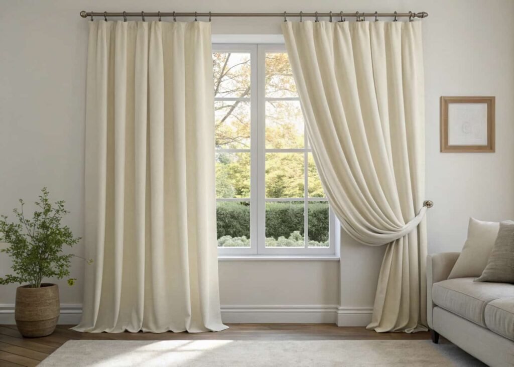 Budget cotton curtains hung with rings for a fuller look
