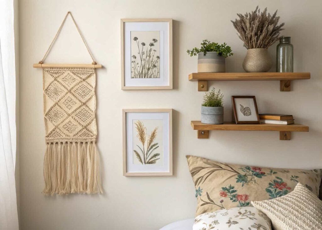 Mixed media bedroom wall decor combination