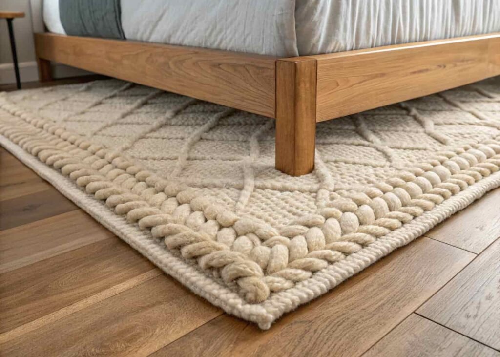 Neutral textured wool rug paired with wood flooring in aesthetic bedroom