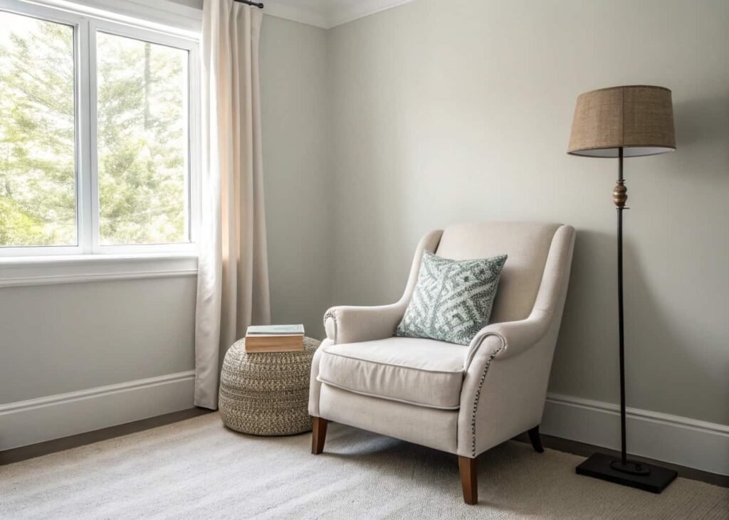 Bedroom corner using negative space around a reading chair