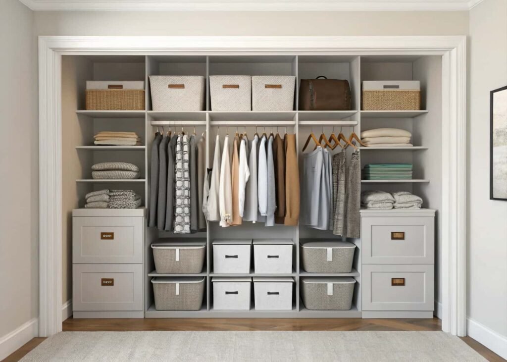Organized bedroom closet with matching hangers and storage bins