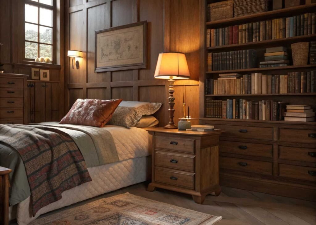 warm academia bedroom aesthetic with wooden furniture and warm lighting