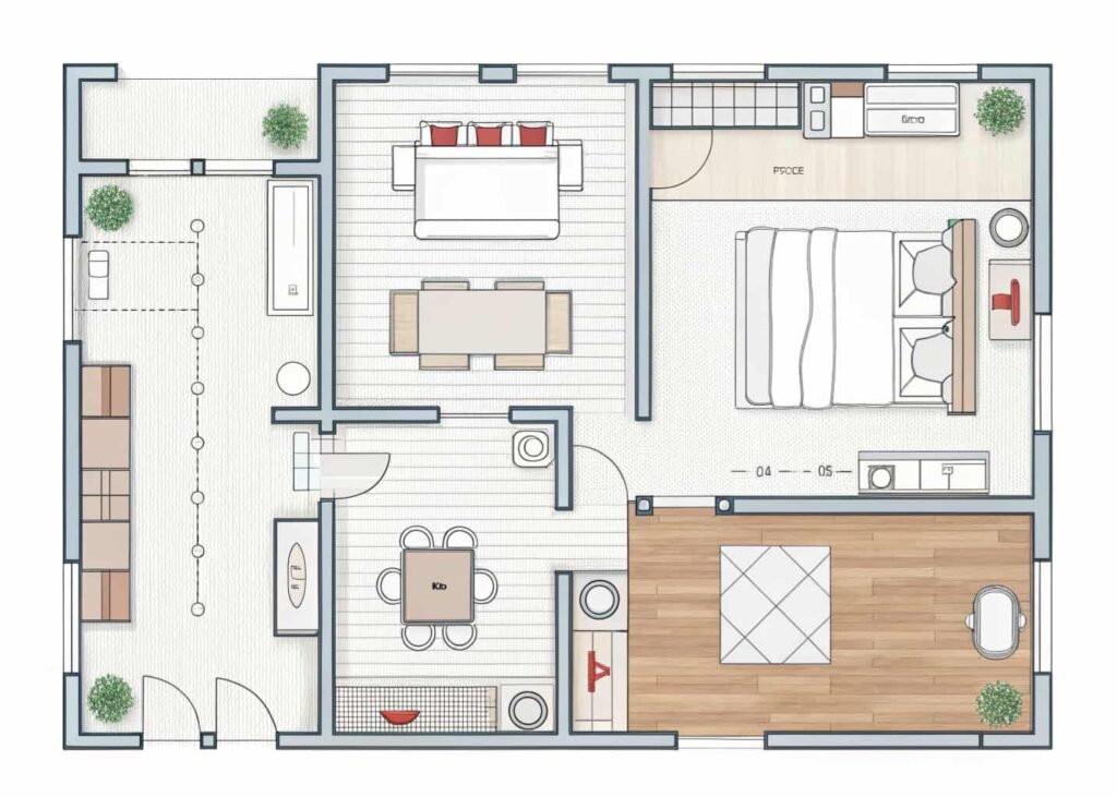 Bedroom floor plan diagram showing functional zones and walking paths