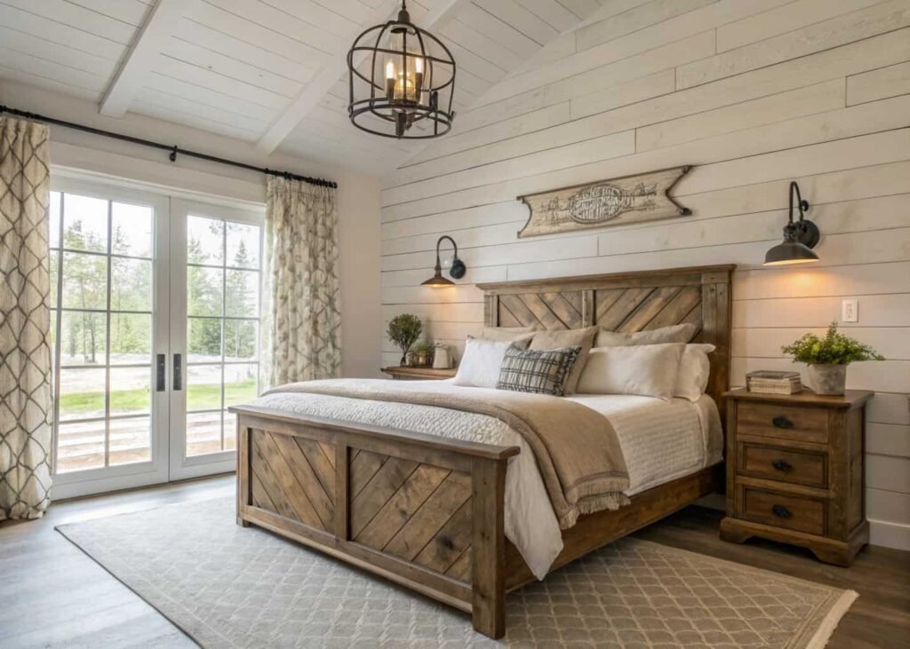 Rustic farmhouse bedroom with shiplap wall and reclaimed wood furniture