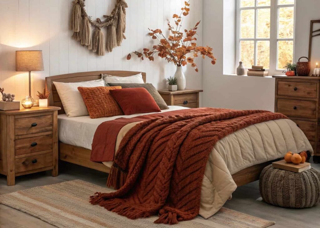 Bedroom styled with seasonal knit throw and warm-toned pillows