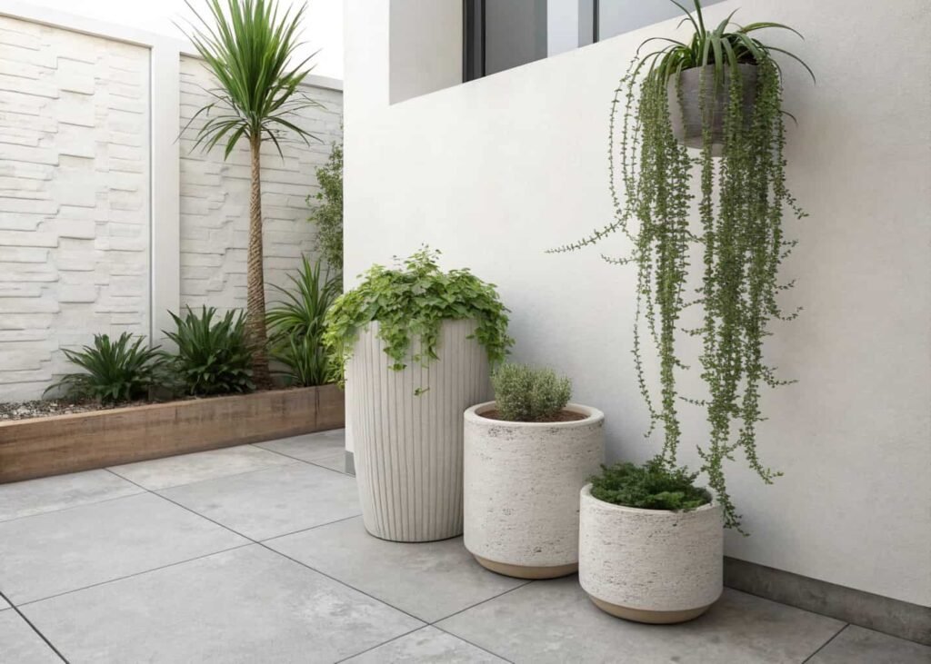 Tidy grouped planters on a terrace showing an uncluttered container garden