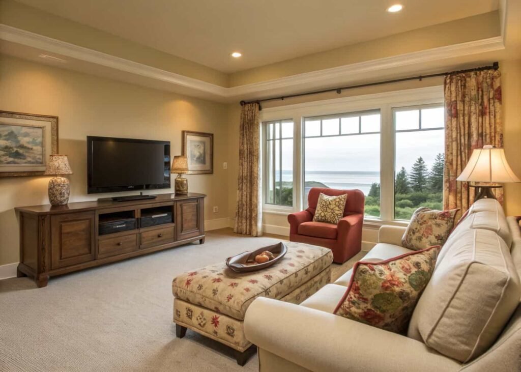Large living room featuring two separate seating areas.