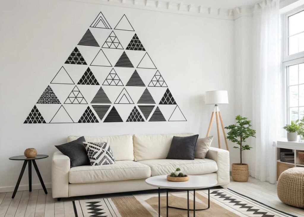 black geometric triangle wall decals arranged in a pattern on a white living room wall