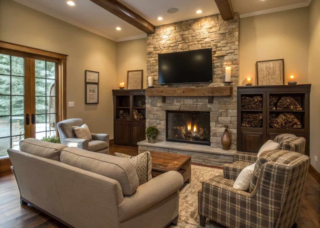 Fireplace-centered living room with seating arranged closely around a stone hearth.