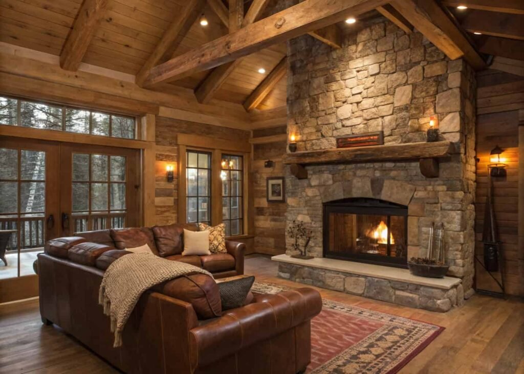 Rustic living room, stone fireplace, exposed wood ceiling beams, brown leather sofa, woven wool blanket, warm cabin-style lighting.