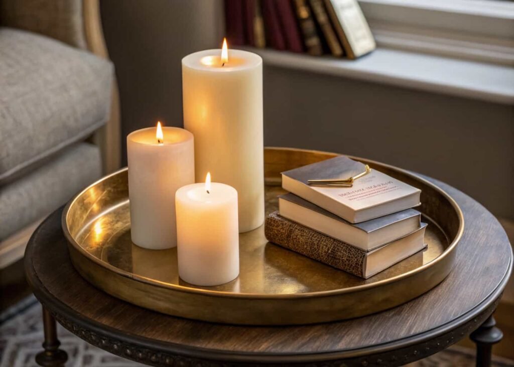 Brass tray styled with three varying-height candles and stacked books.