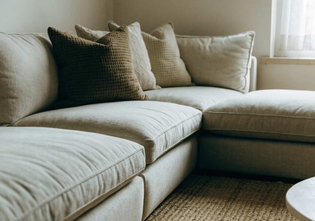 Neutral tone sectional sofa styled with textured throws and pillows