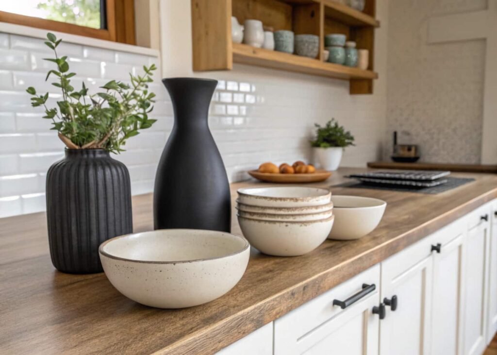 Budget-friendly countertop decor with thrifted and spray-painted items
