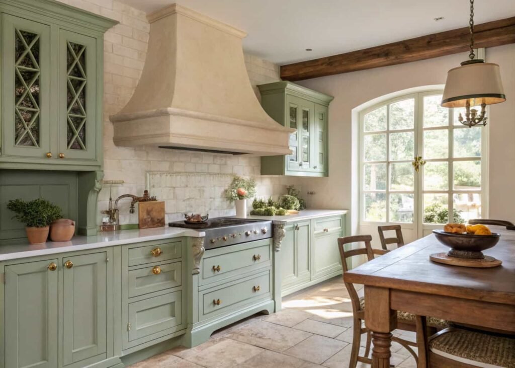 French Country kitchen with sage cabinets and curved plaster range hood