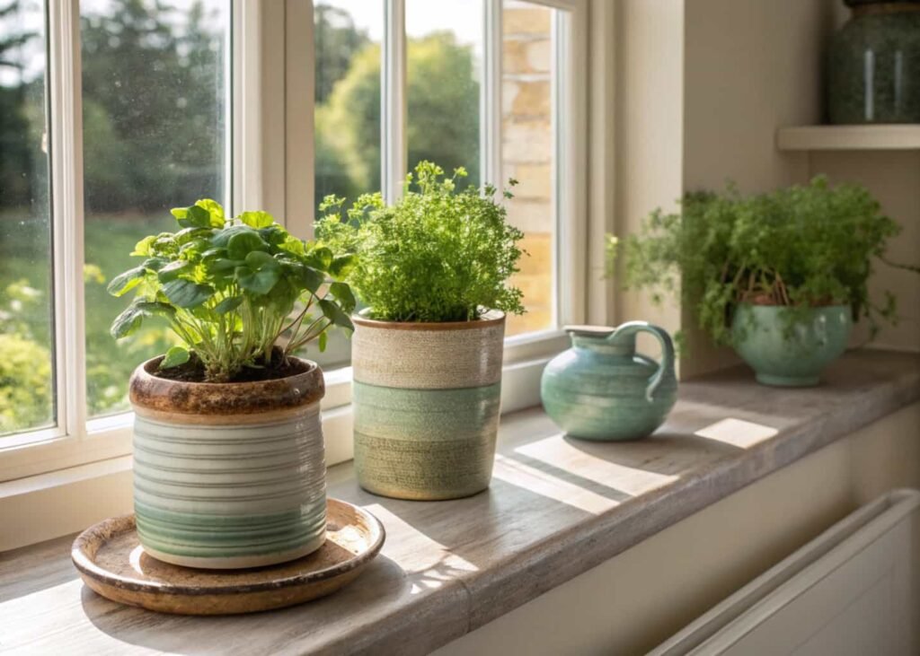 Handmade ceramic planters with herbs on a kitchen windowsill, a 2026 personalized decor trend
