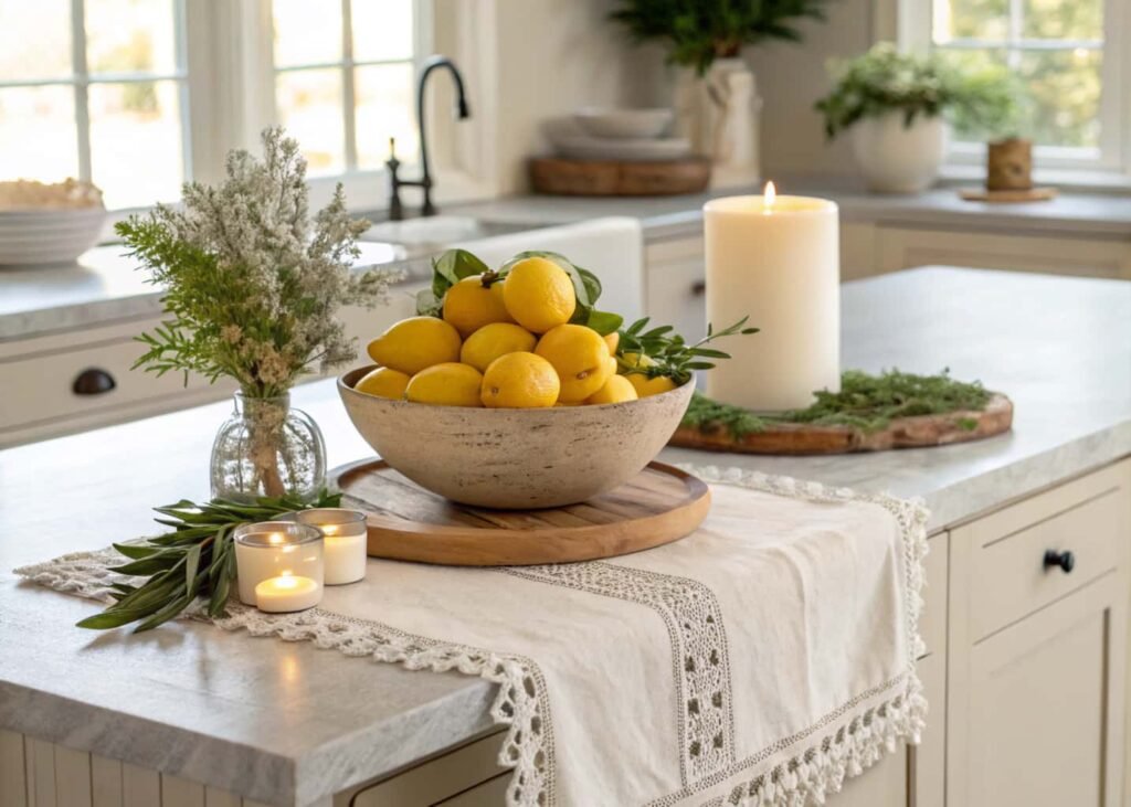 Seasonal kitchen decor with lemon centerpiece, linen runner, and candle on island