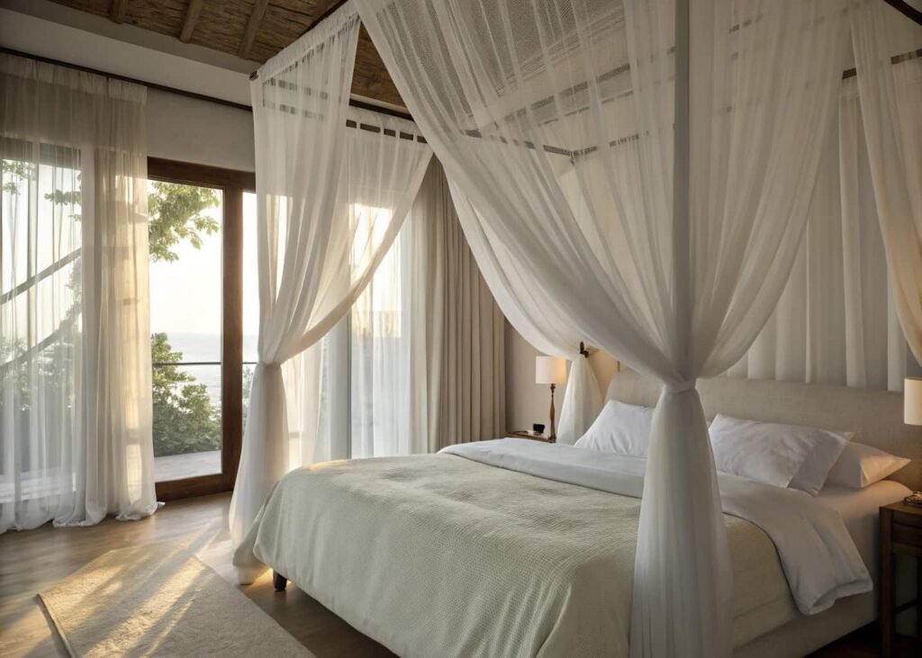 Sheer white canopy curtains draped over bed in aesthetic bedroom setup