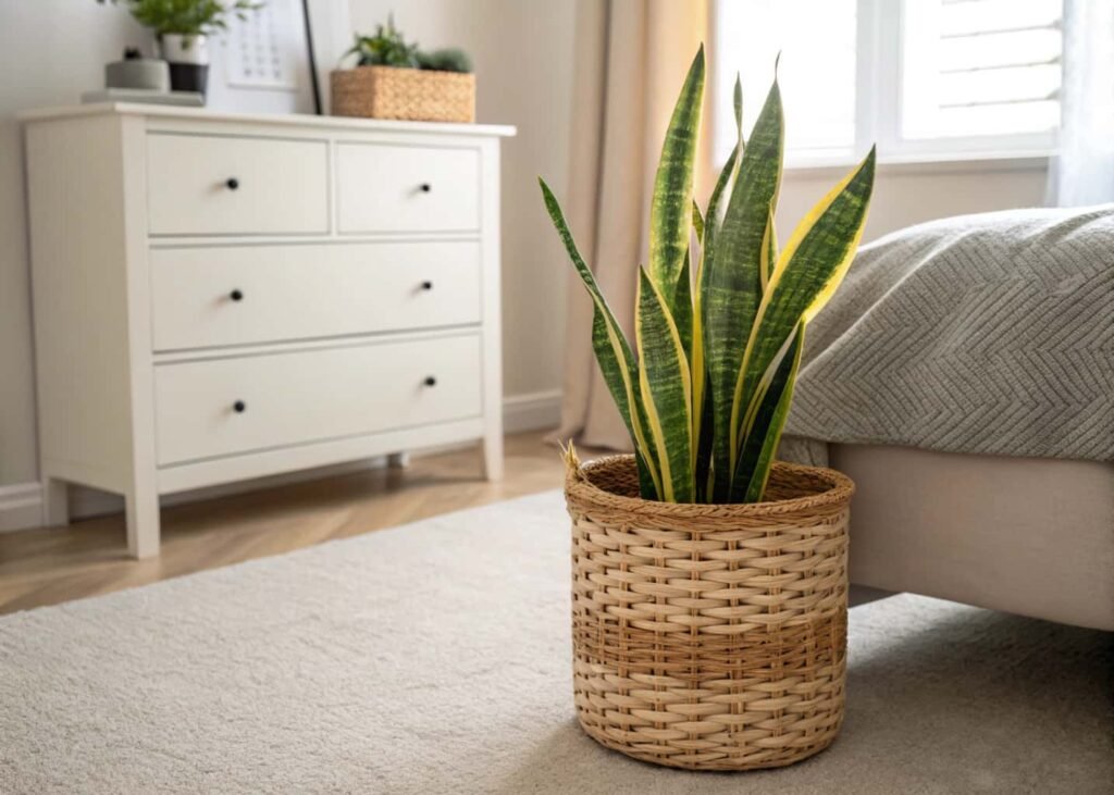 Snake plant in woven basket beside bedroom dresser