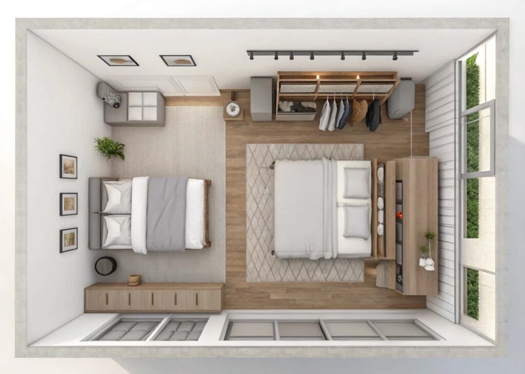 Bedroom layout with clear walking paths around furniture