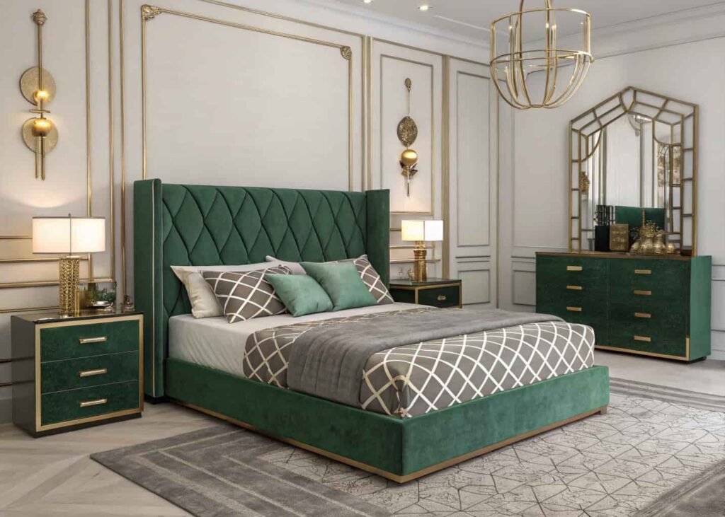 Glamorous Art Deco bedroom with velvet headboard and brass accents