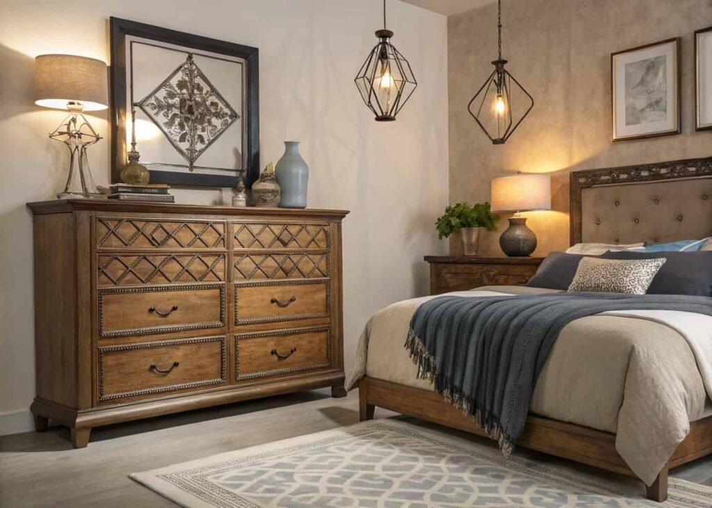 Vintage wooden dresser paired with modern bedroom furnishings