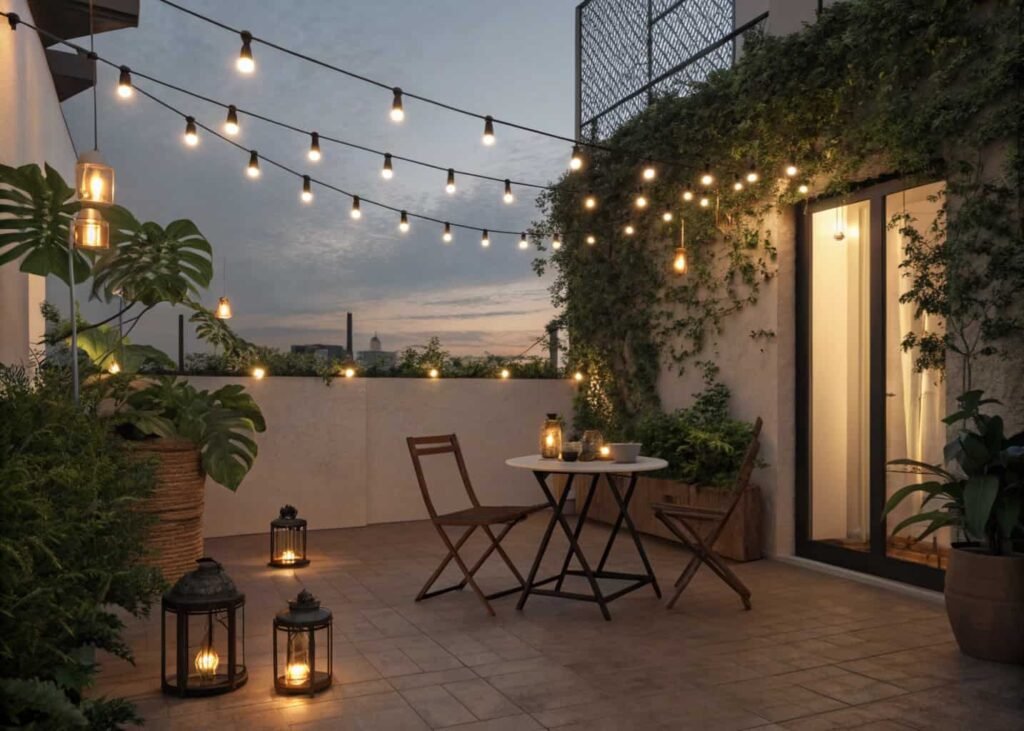 Terrace lit with warm string lights and lanterns beside compact outdoor furniture