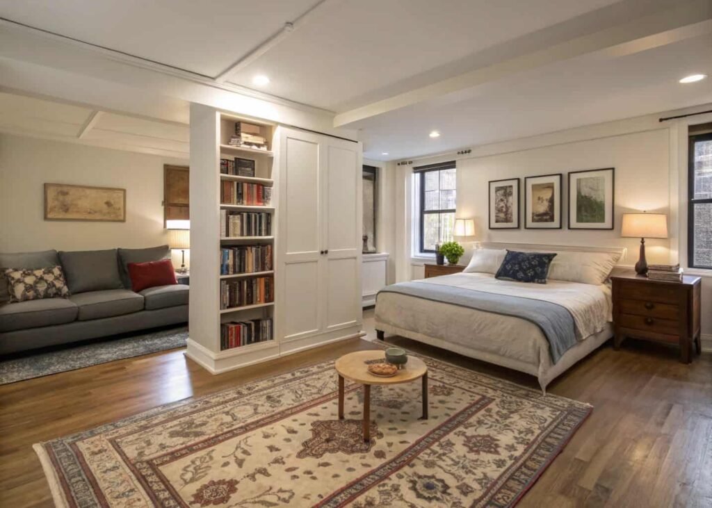 Studio apartment living room design using a low divider and rug.