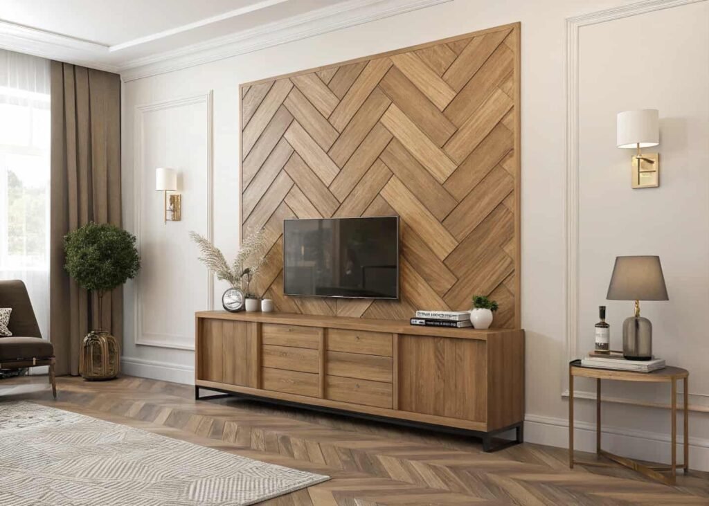 wooden herringbone pattern wall art panel in natural oak tones above a living room console