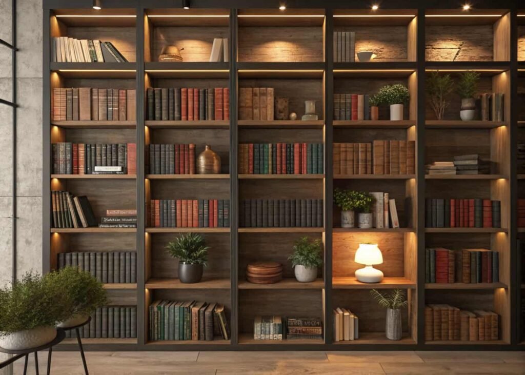 Open bookshelf wall styled with books, plants, and decor objects in a living room.