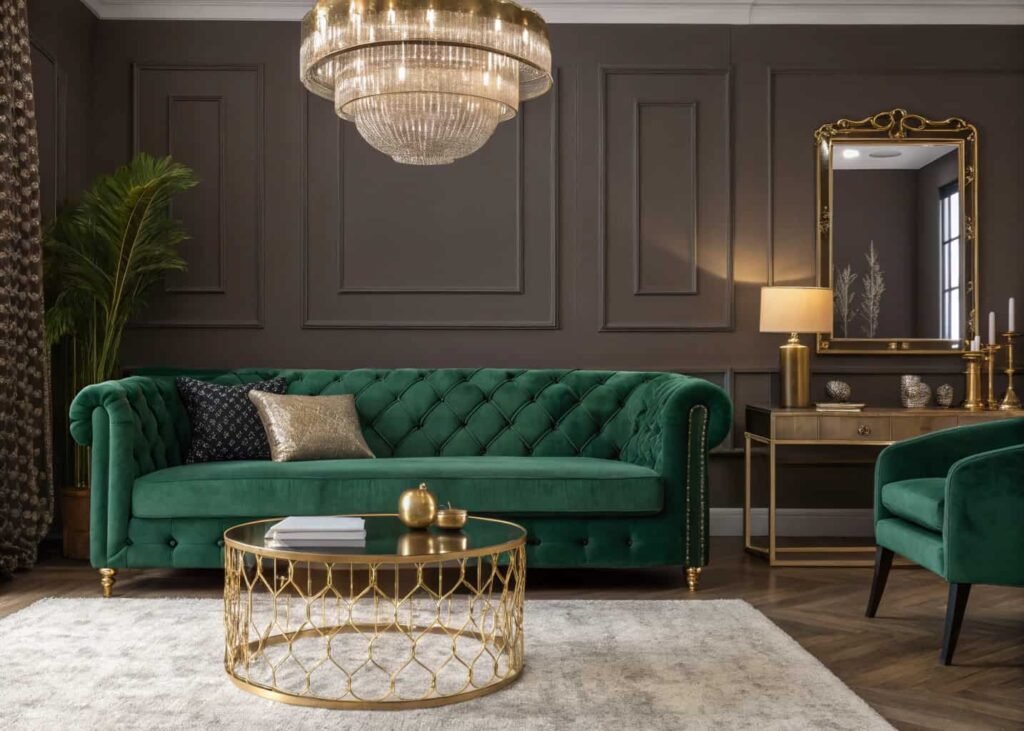 Luxury glam living room with a velvet sofa, brass accents, and a statement chandelier.