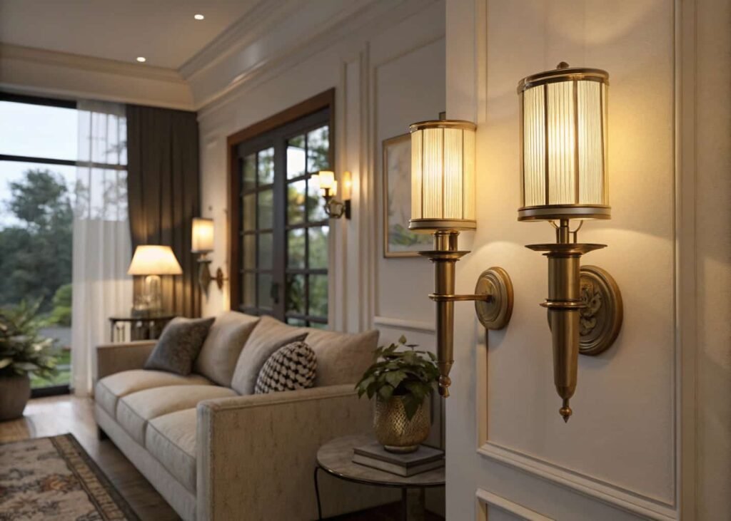 Brass wall sconces mounted at eye level flanking a living room sofa.