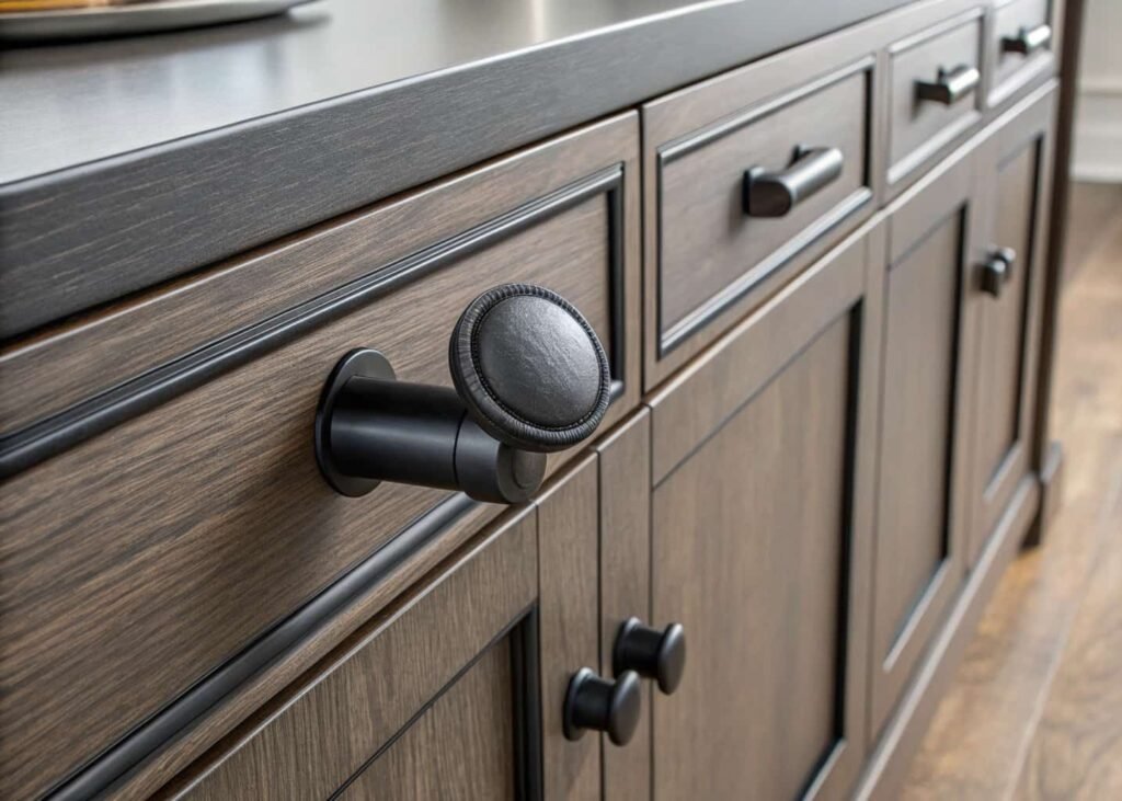 Budget-friendly matching hardware finish connecting kitchen cabinets and living room furniture.