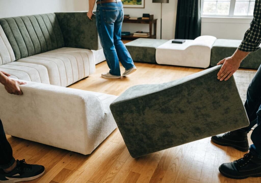 Modular sectional sofa pieces arranged in a flexible living room layout